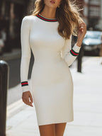 Ivory Ribbed Knit Bodycon Dress With Stripe Trim