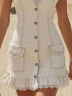Retro V-neck Lace-trimmed Multi-pocket Denim Sleeveless Mini Dress