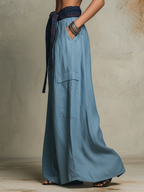 Dusty Blue Patchwork Waist Oversized Wide-Leg Cargo Pants