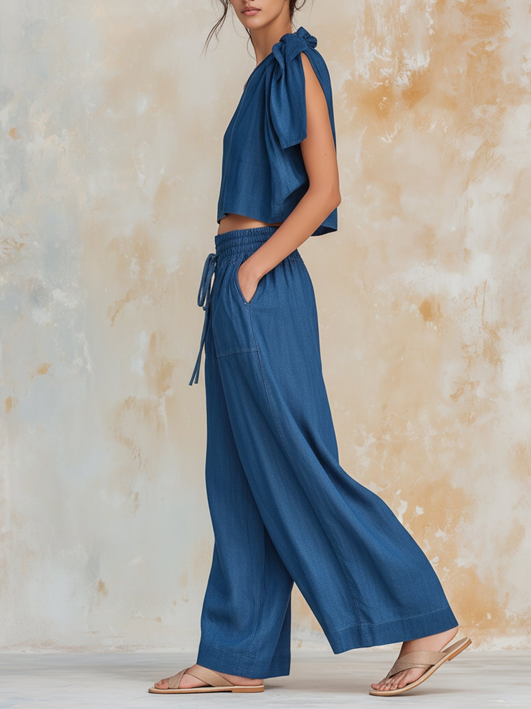 One-Shoulder Bow Tie Tencel Denim Two-Piece Set