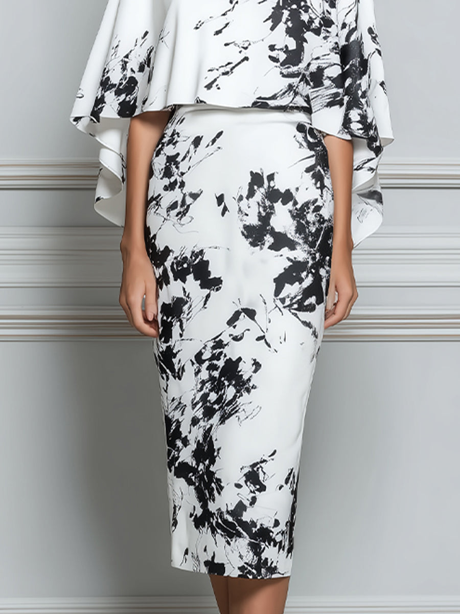 Abstract Print Sheath Dress With Detachable Capelet