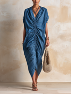 Ocean Blue Ruched Front Tencel Denim Maxi Dress