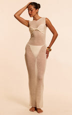 White Filigree Knit Twist Front Maxi Beach Dress