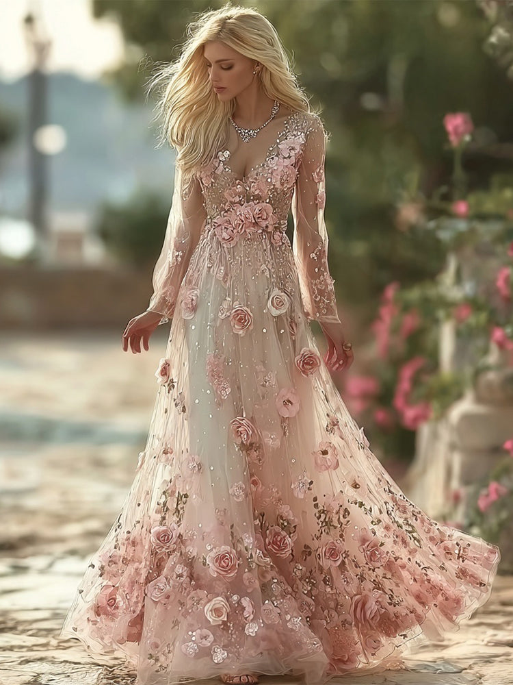 Boho Pink Roses Embroidered Long Sleeve Flowy Maxi Dress