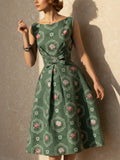 Midi Linen Dress, Sleeveless, Round Neck, Floral, Bow, Vintage, Green