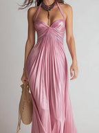 Holiday Pleated Halter Maxi Dress