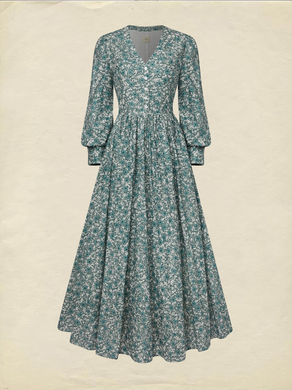 Maxi Linen Dress, Long Sleeves, V Neck, Floral, Button Design, Vintage, Green