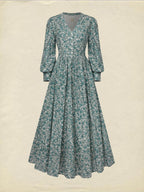 Maxi Linen Dress, Long Sleeves, V Neck, Floral, Button Design, Vintage, Green