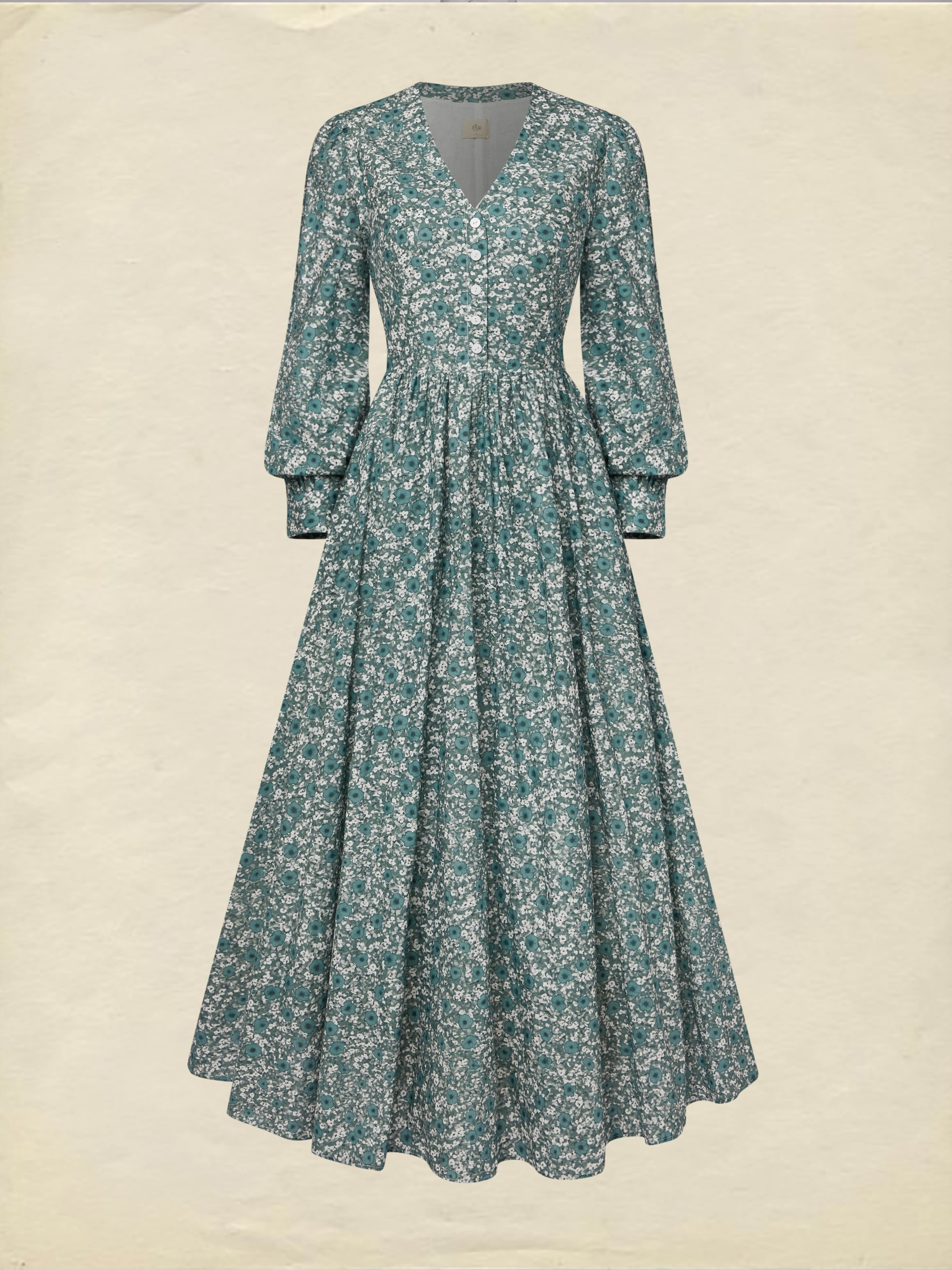 Maxi Linen Dress, Long Sleeves, V Neck, Floral, Button Design, Vintage, Green