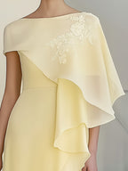 Pale Yellow Chiffon Dress with Cape Sleeves and Shoulder Embroidery