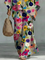Women's Vintage Floral Art Comfortable Loose Cotton Linen Wide-leg Pants Two-piece Set