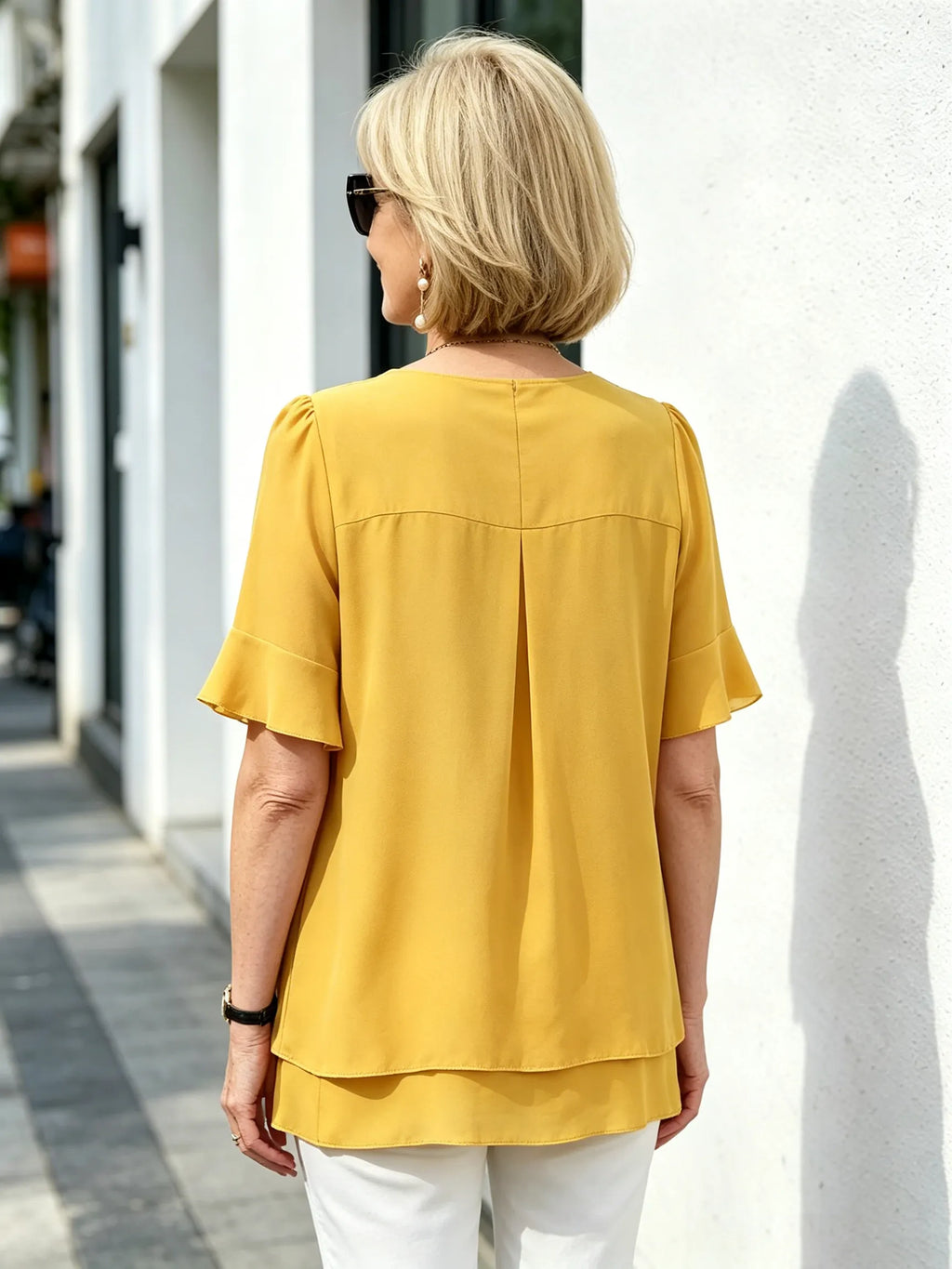 Pink Layered Chiffon Tunic Top, Round Neck Ruffle Short Sleeve Loose Tummy Concealing Blouse for Mature Women