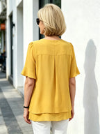 Pink Layered Chiffon Tunic Top, Round Neck Ruffle Short Sleeve Loose Tummy Concealing Blouse for Mature Women