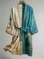 Japanese Calligraphy And Fish Art Combined With Linen Blend Kimono