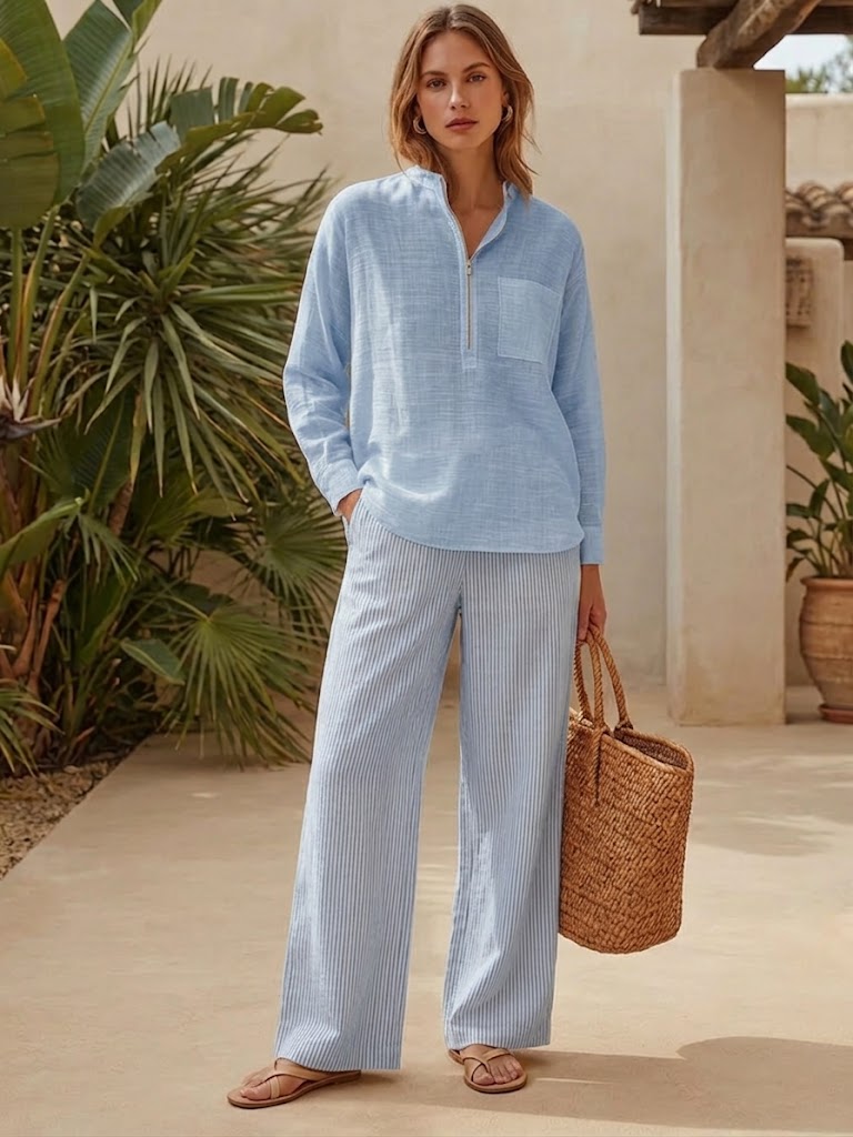Casual "old Money" Style Two-piece Set: Half-zip Linen-cotton Top And Striped Trousers