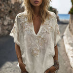 Bohemian Floral Sequin Vintage White Thin Vintage Chain-embroidered V-neck Short-sleeved Shirt