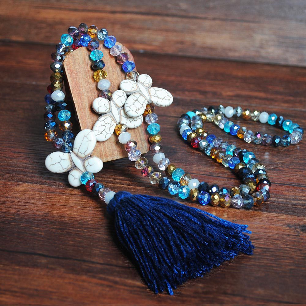 Color Crystal Necklace Female Long Sweater Chain Turquoise Butterfly Necklace Jewelry