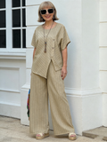 2Pcs Striped Short-sleeved Trousers Shirt Loose Pants Two-piece Set