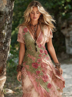 Vintage Floral Art Embroidery Linen V-neck Midi Dress