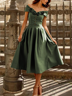 Linen Midi Dress, Short Sleeve, Plain, Vintage, Green