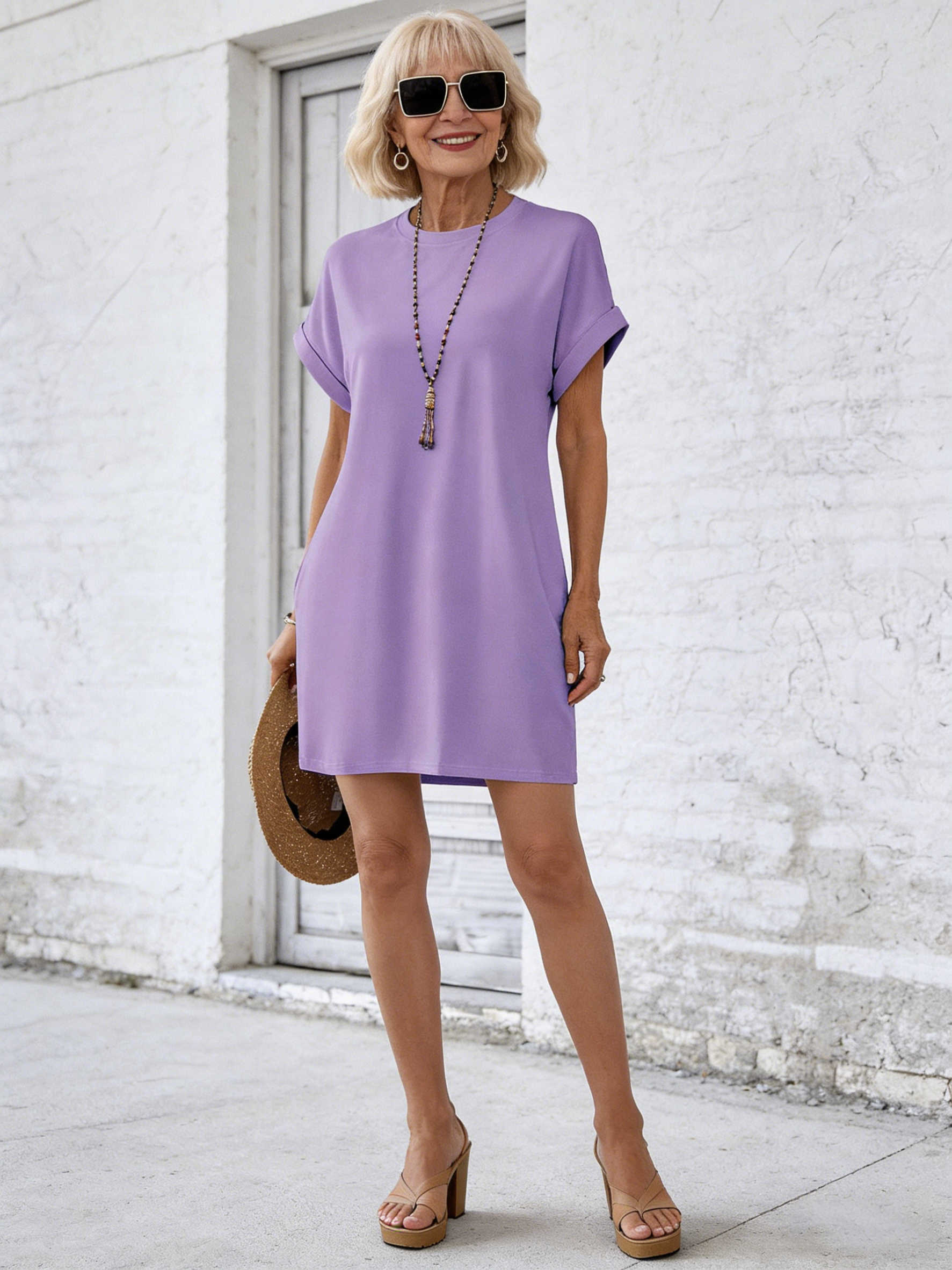 Crew Neck With Pocket Dress, Elegant Short Sleeve Dress For Spring & Summer, Women's Clothing