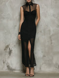 Vintage-style Mesh Panel Sleeveless Shirt Collar Maxi Dress