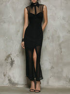 Vintage-style Mesh Panel Sleeveless Shirt Collar Maxi Dress