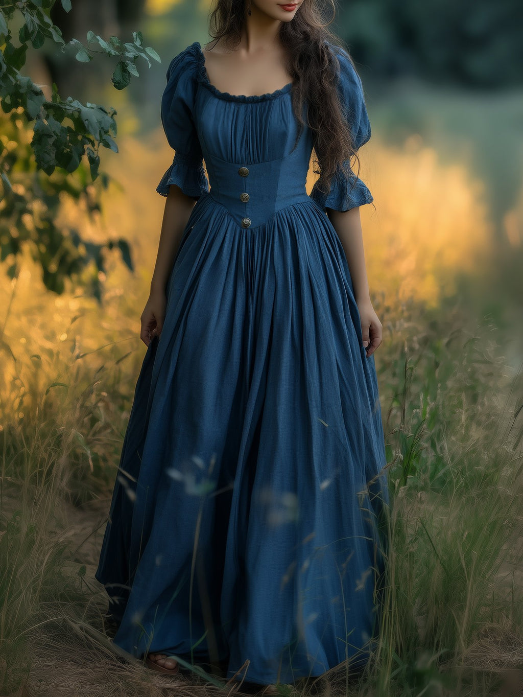 Linen Maxi Dress, Crew Neck, Half Sleeves, Belt, Victorian Style, Princess Dress, Blue