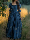 Linen Maxi Dress, Crew Neck, Half Sleeves, Belt, Victorian Style, Princess Dress, Blue