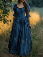 Linen Maxi Dress, Crew Neck, Half Sleeves, Belt, Victorian Style, Princess Dress, Blue