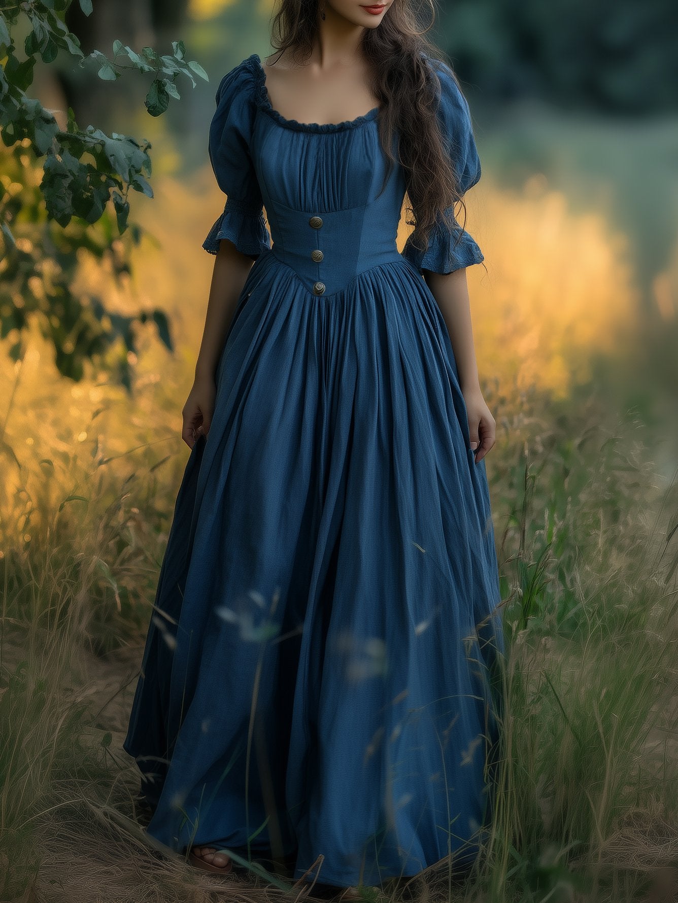 Linen Maxi Dress, Crew Neck, Half Sleeves, Belt, Victorian Style, Princess Dress, Blue