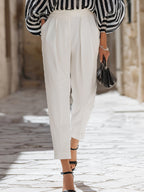 Chic Off-the-Shoulder Striped Blouse & High-Waisted Tailored Trousers Set