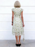 Light Green Floral Chiffon Midi Dress, V-Neck Ruffle Cap Sleeve Slimming Tiered Cake Dress for Mature Women