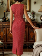 Midi Cotton Dress, Sleeveless, Round Neck, Polka Dots, Twist, French Vintage, Red