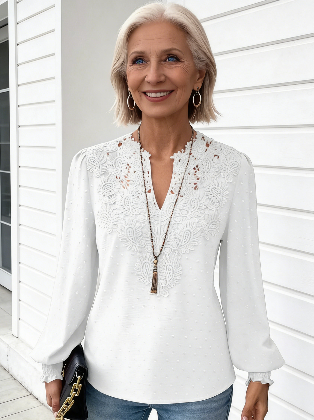 V-neck Lace Paneled Long Sleeve Casual Shirt Blouse