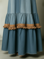 Light Blue Tencel Denim Ruffle Trim Tiered Maxi Dress