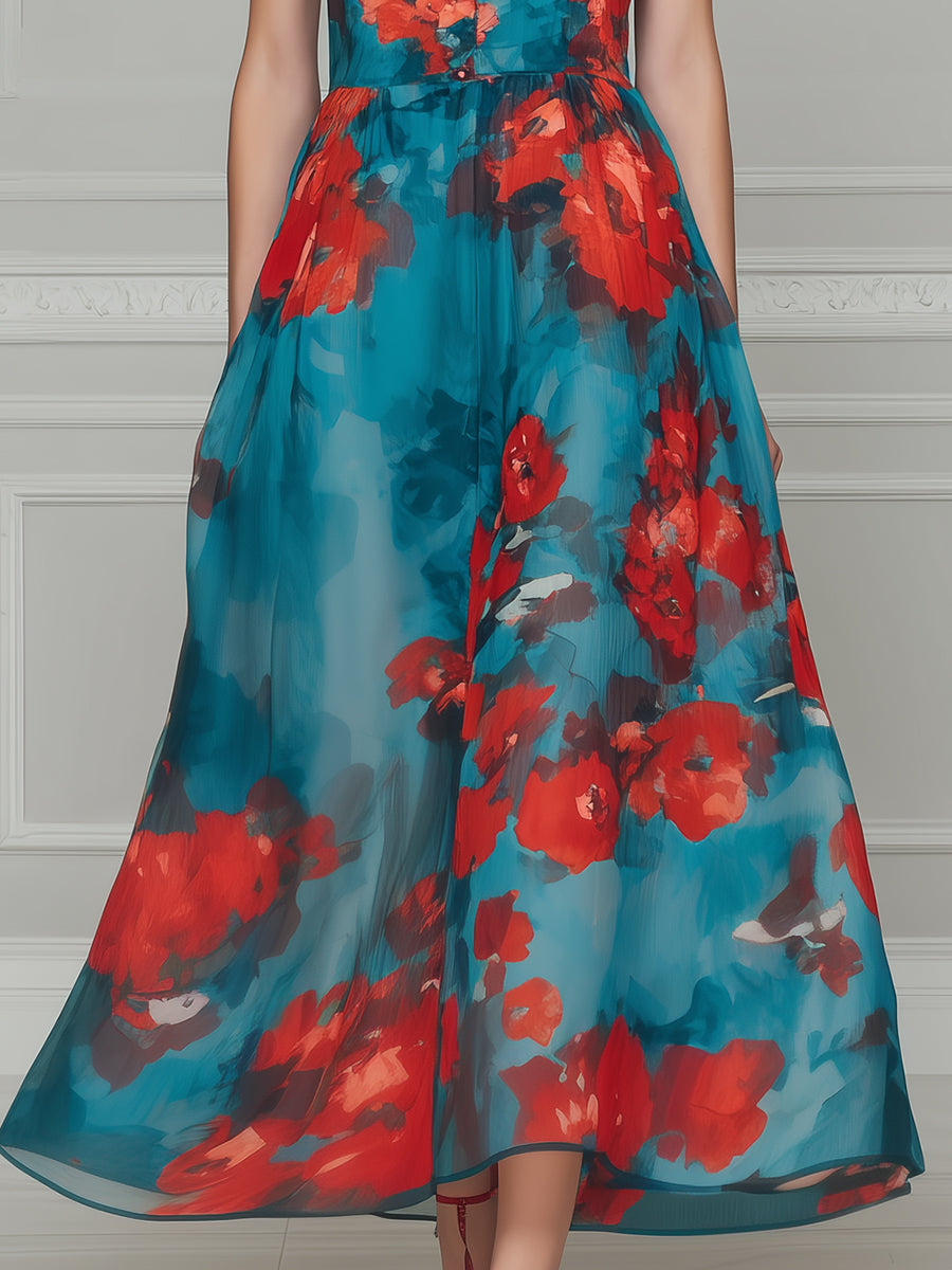 Elegant Floral High Neck Maxi Dress