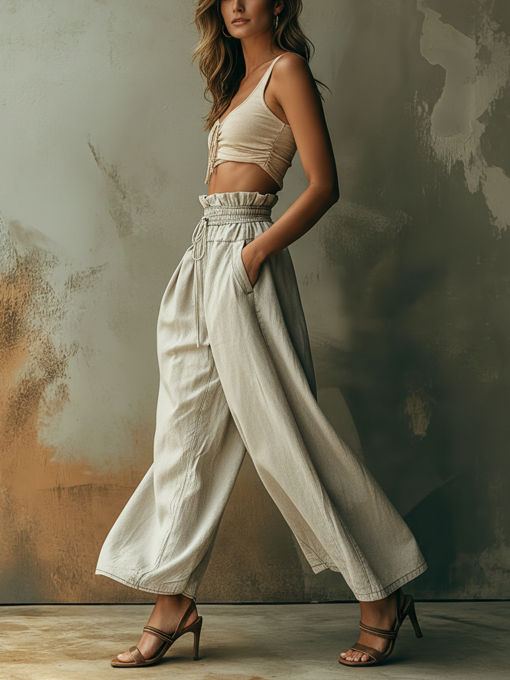 Washed Light Gray Denim High Waist Wide Leg Pants