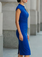 Mandarin-Collar Ruched-Waist Midi Pencil Dress