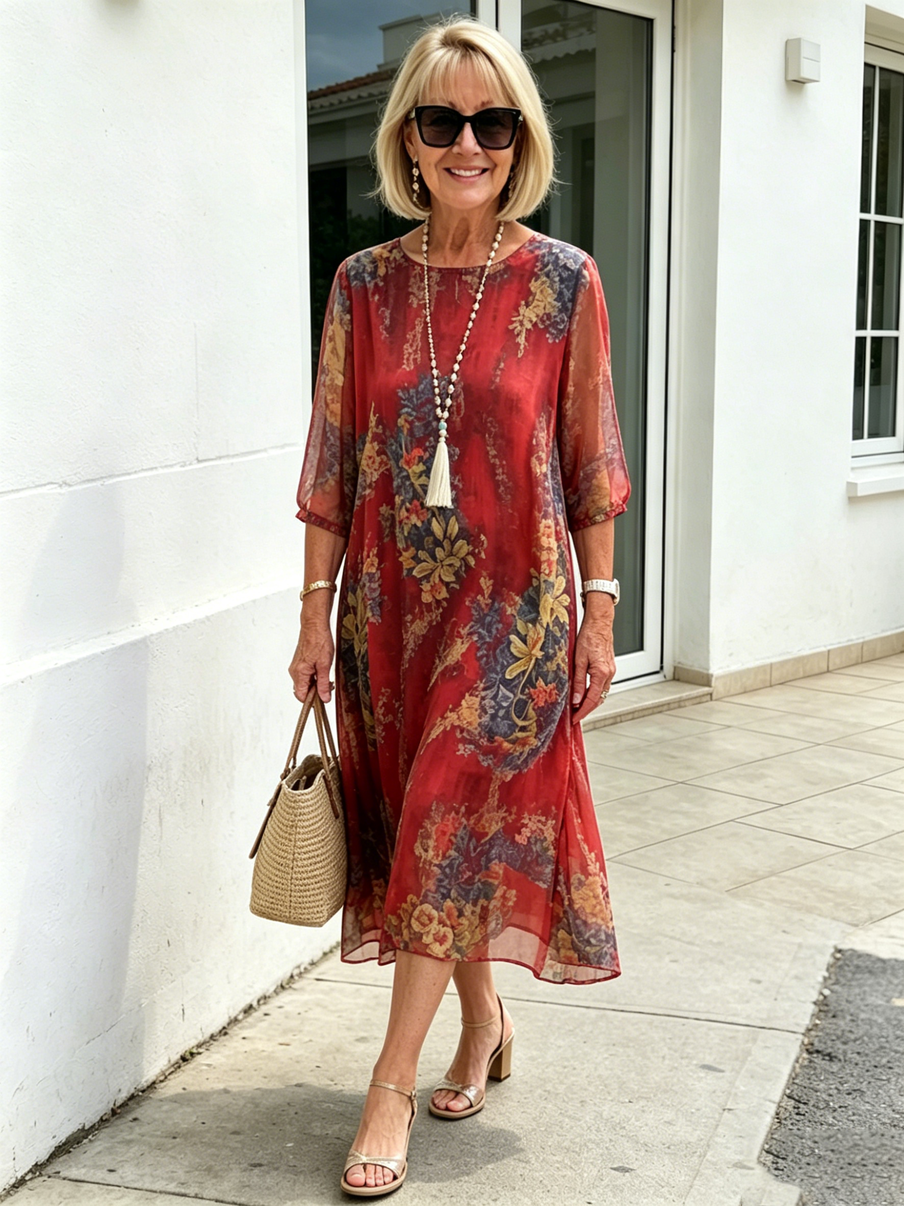 Black Floral Chiffon Midi Dress, Loose Tummy Hiding 3/4 Sleeve Printed Dress for Mature Women