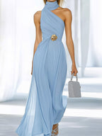 Stylish Light Blue Dress with Unique Neck Design and Gold Waist Detail