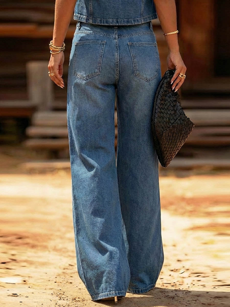 Women's High-waisted Casual Loose Wide-leg Jeans With Metal Cutout Design