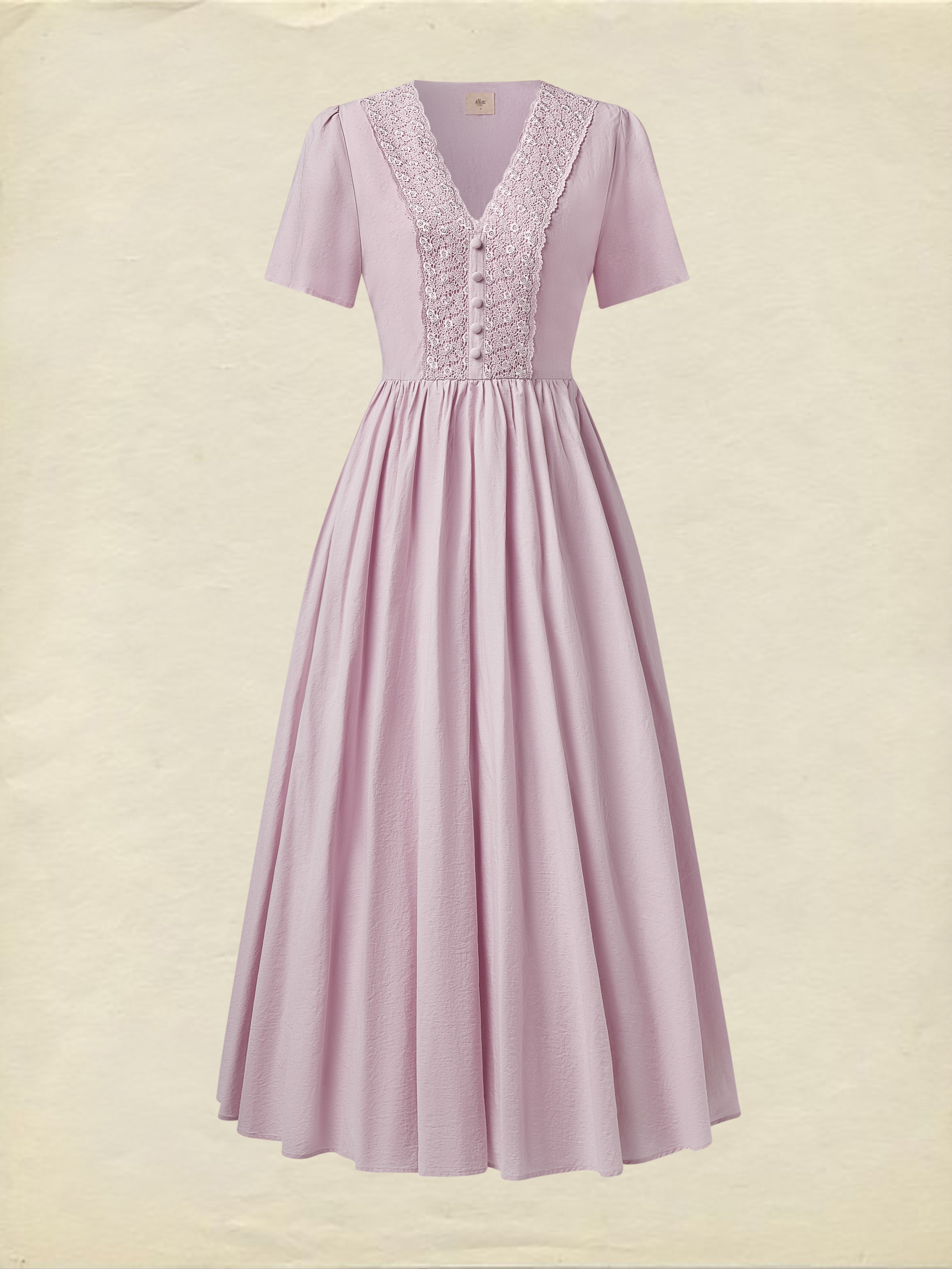 Cotton Maxi Dress, Short Sleeve, V neck, Plain, Vintage, Purple