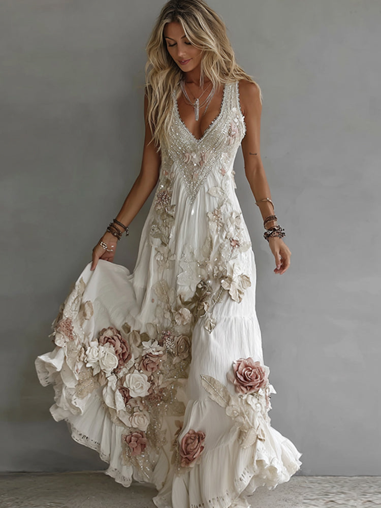 Women's Floral Art Print Flowy Linen Blend Casual Tank Maxi Dress