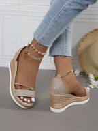 Wedge Heel Sandals Platform-soled Fish Mouth One-word Buckle with Rhinestone Bag and Muffin Women's Sandals