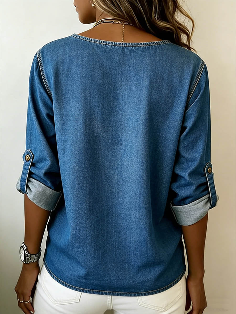 Women's Round Neck Long-sleeved Casual Loose Denim Top