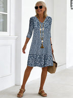 Bohemian Floral Print Half Sleeve V-neck Mid-Length Dress