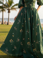 Maxi Linen Dress, Half Sleeve, V Neck, Floral, Bow, Vintage, Green