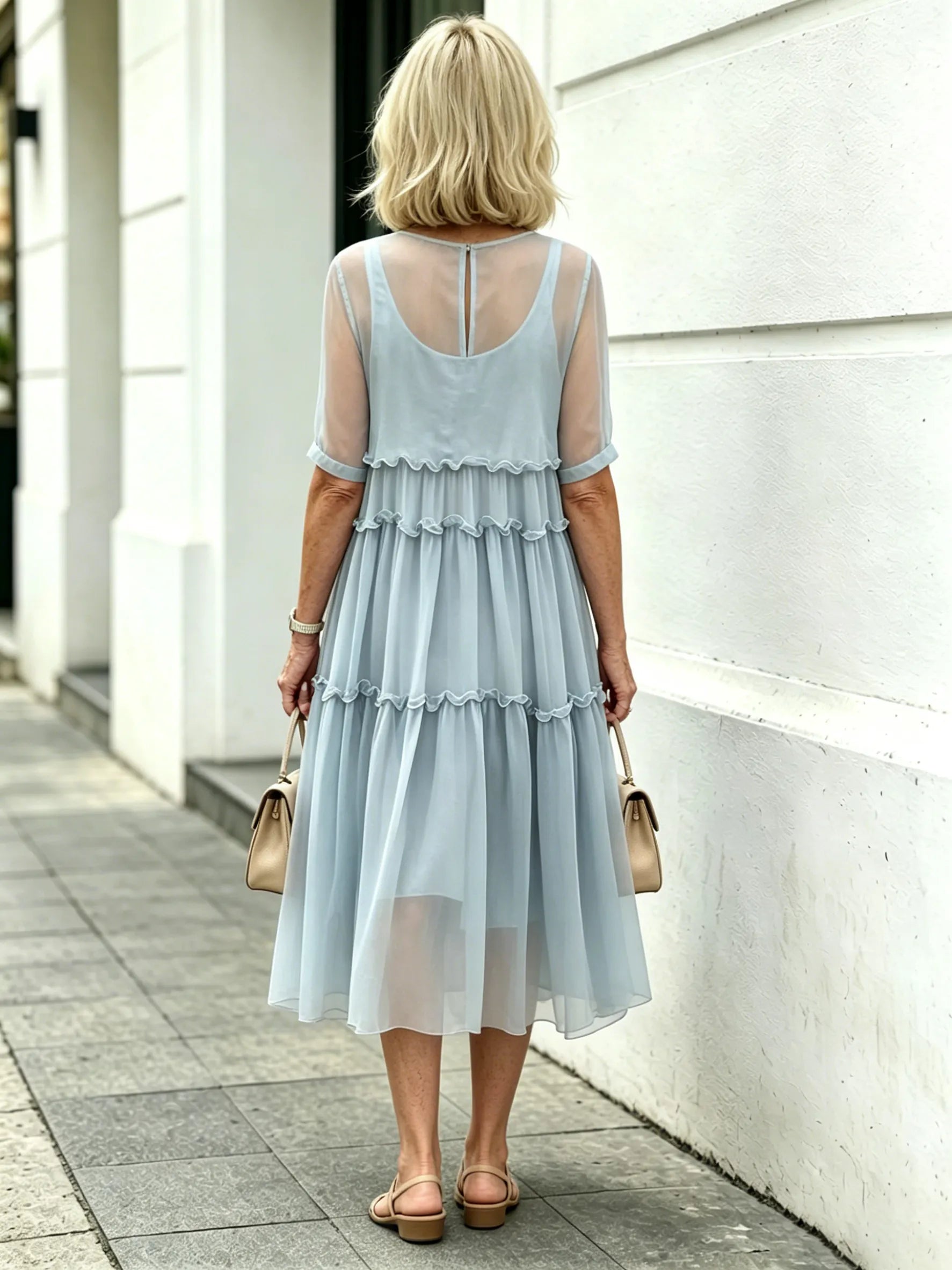 Light Blue Tiered Ruffle Chiffon Midi Dress, Round Neck Flutter Short Sleeve Loose Plus Size Elegant Women Dress