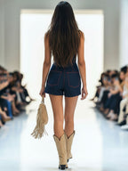 Western Retro Red Line Dark Blue Denim Sleeveless Shorts Jumpsuit